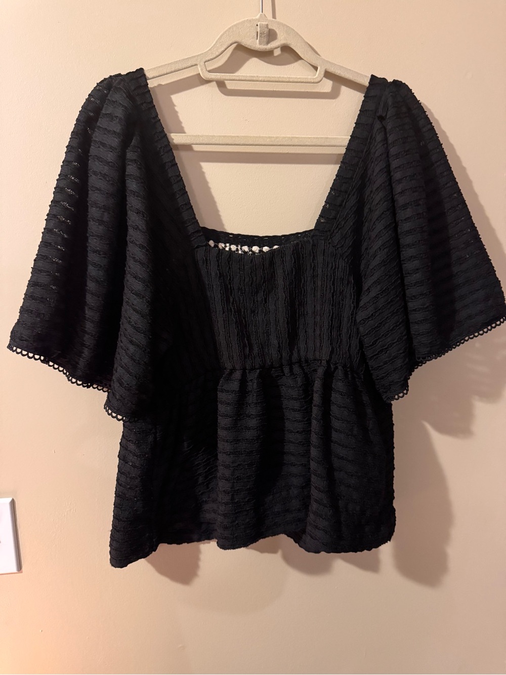 Anthropologie x Sarah Hann Black Flutter-Sleeve Crochet Top - size large - Picture 9 of 11